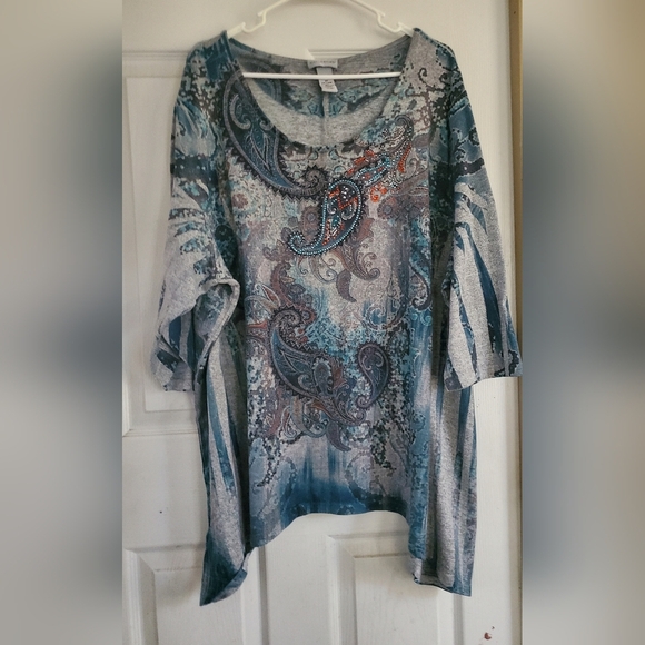 Catherine Paisley Print Asymmetrical 3/4 Sleeve Rhinestone Womans Blouse, Size3X - Picture 2 of 6
